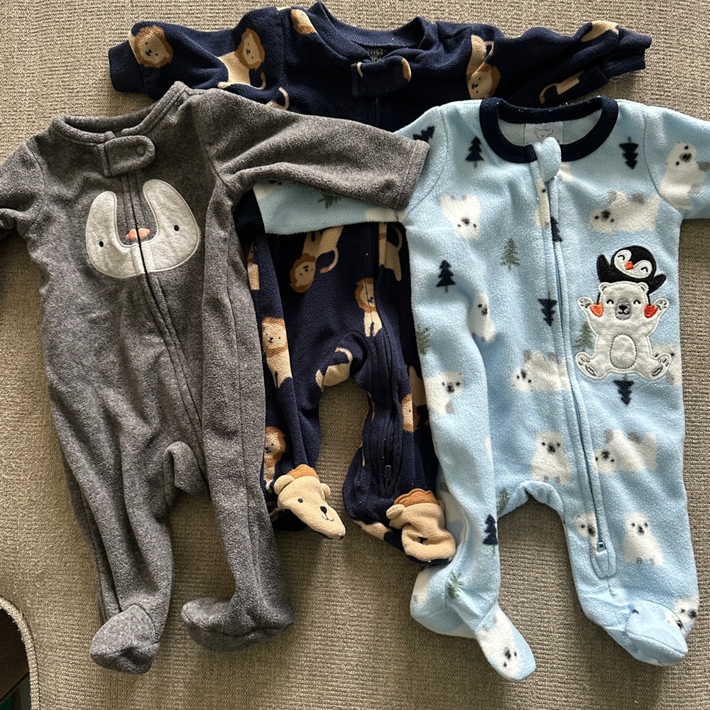 Bundle - Carter's Gray, Navy, and Light Blue Animal Print Footies